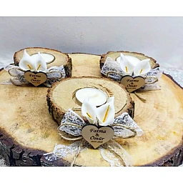 Ahşap İsimlikli Ağaç Kalpli Nikah Şekeri Mumlu