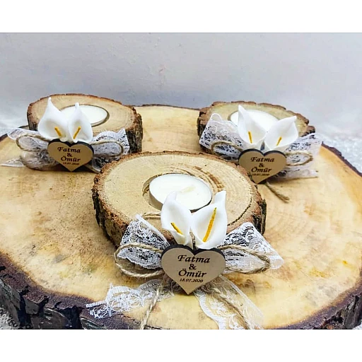 Ahşap İsimlikli Ağaç Kalpli Nikah Şekeri Mumlu