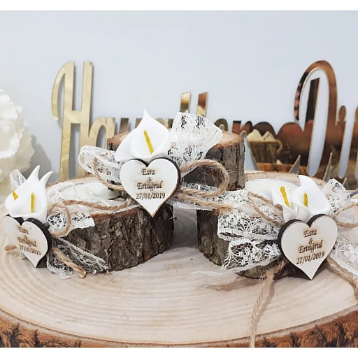 Ahşap İsimlikli Ağaç Kalpli Nikah Şekeri Mumlu