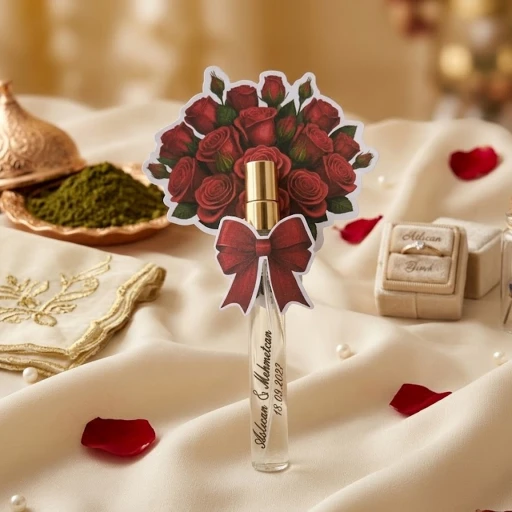 Cam Fısfıs Kolonya Şişesi Karton Çiçek Buketi Kırmızı Süslemeli Nikah Şekeri Nişan Kına Hediyelik