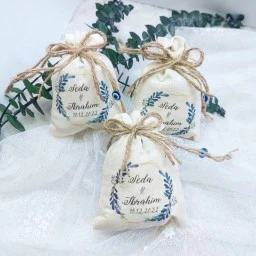 Nazar Boncuklu Kişiye Özel Baskılı Keten Kese Altın Nikah Şekeri Söz Nişan Hediyesi