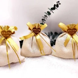 Natural Renk Üstü Altın Renk Lavanta Kesesi Nikah Şekeri