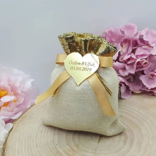 Natural Renk Üstü Altın Renk Lavanta Kesesi Nikah Şekeri