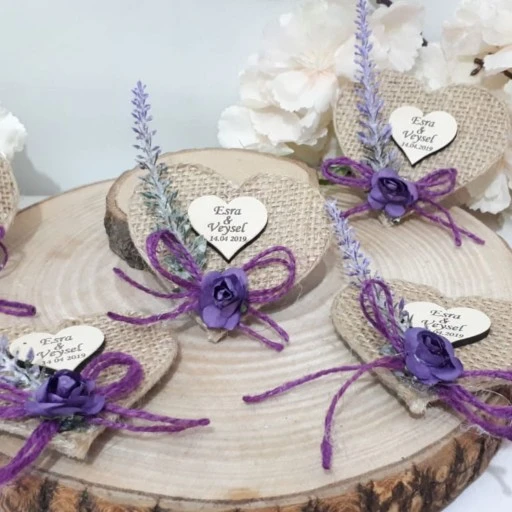 Lavanta Süslü Hasır Kalp Magnet Nikah Şekeri