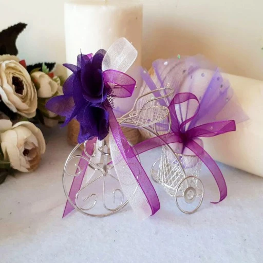Güllü Mor Gümüş Bisiklet Nikah Şekeri