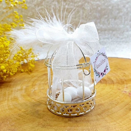 Metal Kafes Gümüş Renk Beyaz Süslü