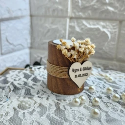 Ahşap Kütük Mumluk Silndir Kahverengi Söz Nişan Nikah Bebek Hediyelik 