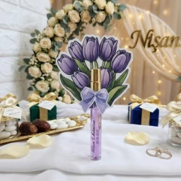 Cam Fısfıs Kolonya Şişesi Karton Çiçek Buketi Mor Süslemeli Nikah Şekeri Nişan Hediyelik