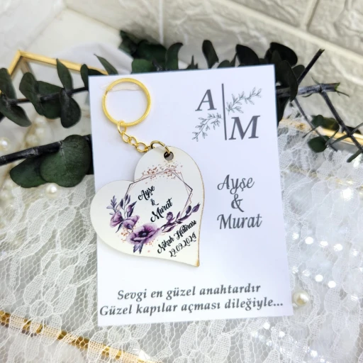 Çiçek Süslemeli Ahşap Kalp Anahtarlık Uv Baskılı Kart Üzeri Söz Nişan Nikah Hediyelik Nikah Şekeri