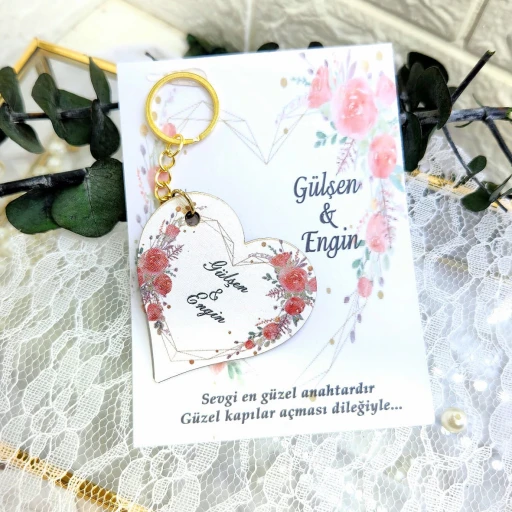 Çiçek Süslü Ahşap Kalp Anahtarlık Uv Baskılı Kart Üzeri Söz Nişan Nikah Hediyelik Nikah Şekeri