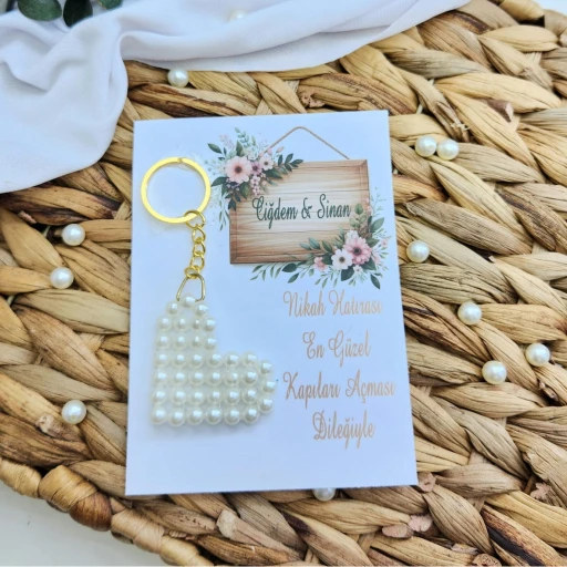İnci Kalp Anahtarlık Kart Üzeri Nişan Nikah Söz Hediyelik