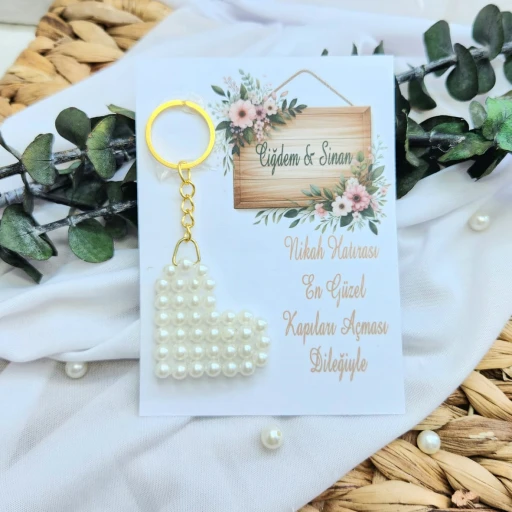 İnci Kalp Anahtarlık Kart Üzeri Nişan Nikah Söz Hediyelik