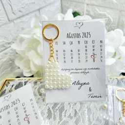 İnci Kalp Anahtarlık Takvim Baskılı Kart Üzeri  Nişan Nikah Söz Hediyelik