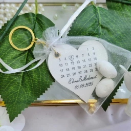 Kese İçinde Ahşap Kalp Anahtarlık Nikah Şekeri
