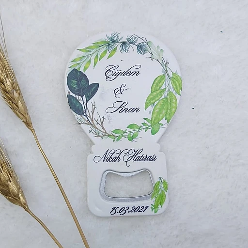Yeşil Çiçekli Baskılı Balon Açacak Magnet 11x7 cm Uv Nişan Hediyeliği Nikah Şekeri