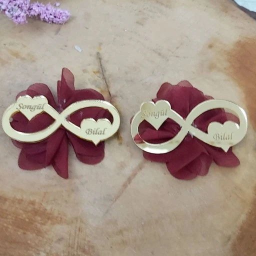 İki Kalpli Pleksi Sonsuzluk Nikah Şekeri Lazer Çiçekli Hediyelik