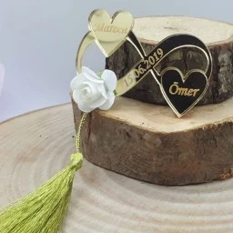 İki Kalpli Pleksi Sonsuzluk Nikah Şekeri Tek Çiçek Püsküllü
