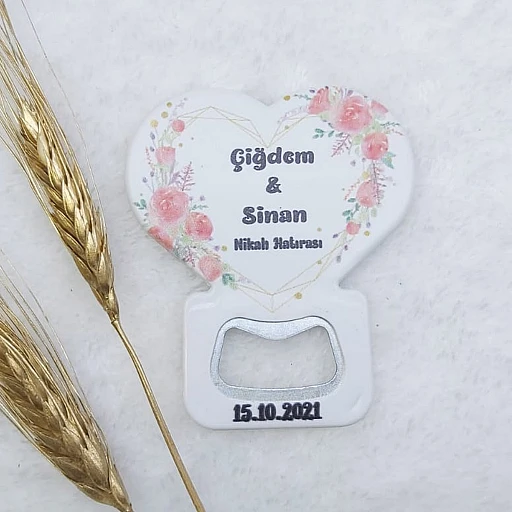 Çiçek Baskılı Kalp Balon Açacak Magnet 7,5x8,5 cm Uv Nikah Şekeri Nişan Hediyeliği