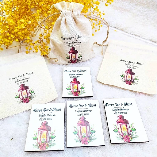 Kese Ve Ahşap Magnet Kombin Baskılı Nikah Hediyeliği