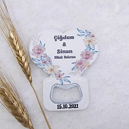 Yanları Çiçek Baskılı Kalp Balon Açacak Magnet 7,5x8,5 Cm Uv Nikah Şekeri Nişan Hediyeği