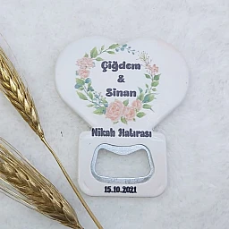 Yeşil Çiçek Baskılı Kalp Balon Açacak Magnet 7,5x8,5 Cm Uv Nikah Şekeri Nişan Hediyeği