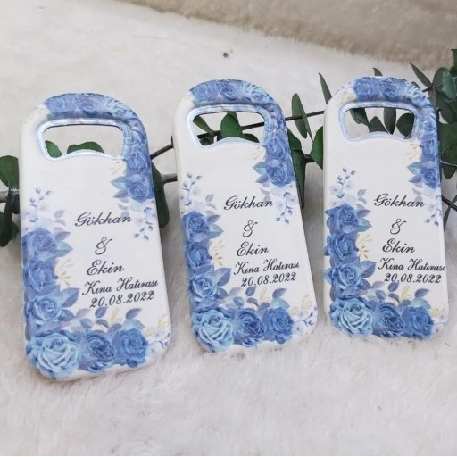 Mavi Çiçek Baskılı Dikey Açacak Magnet 4,5x10,5 cm Uv Baskılı Nikah Şekeri Nişan Hediyeliği