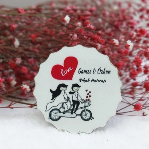 Bisiklet Baskılı Çiçek Desenli Ahşap Nikah Şekeri Uv Baskı Nişan Hediyeliği Ekonomik