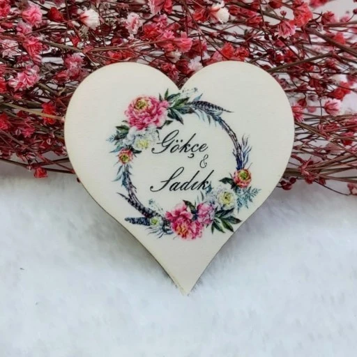 Çiçekli Kalp Ahşap Nikah Magnet Uv Baskı Nişan Hediyeliği Ekonomik