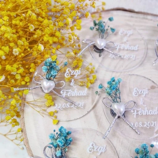 Çiçekli Şeffaf Pleksi Nikah Magnet Yuvarlak
