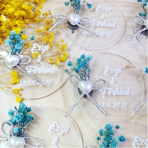 Çiçekli Şeffaf Pleksi Nikah Magnet Yuvarlak