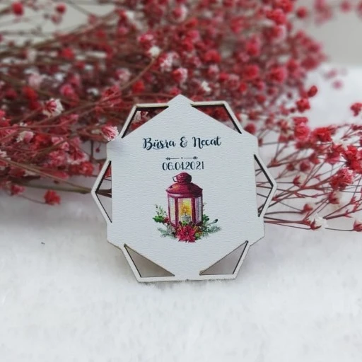 Fener Baskılı Prizma Desenli Ahşap Nikah Şekeri Uv Baskı Nişan Hediyeliği Ekonomik