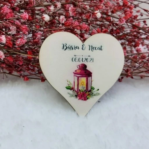 Fenerli Kalp Ahşap Nikah Magnet Uv Baskı Nişan Hediyeliği Ekonomik