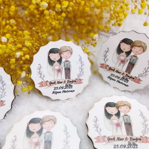 Gelin Damat Baskılı Çiçek Desenli Ahşap Nikah Şekeri Uv Baskı Nişan Hediyeliği Ekonomik