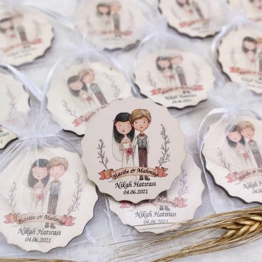 Gelin Damat Baskılı Çiçek Desenli Ahşap Nikah Şekeri Uv Baskı Nişan Hediyeliği Ekonomik