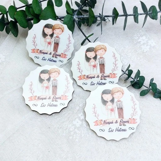 Gelin Damat Baskılı Çiçek Desenli Ahşap Nikah Şekeri Uv Baskı Nişan Hediyeliği Ekonomik
