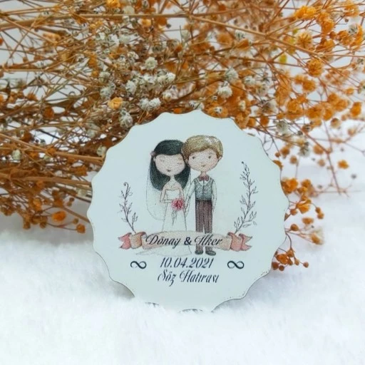 Gelin Damat Baskılı Çiçek Desenli Ahşap Nikah Şekeri Uv Baskı Nişan Hediyeliği Ekonomik