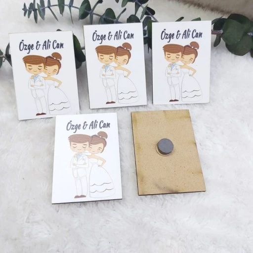 Gelinlikli Gelin Damat Ahşap Nikah Magnet Nikah Şekeri Uv Baskı Nişan Hediyeliği Ekonomik