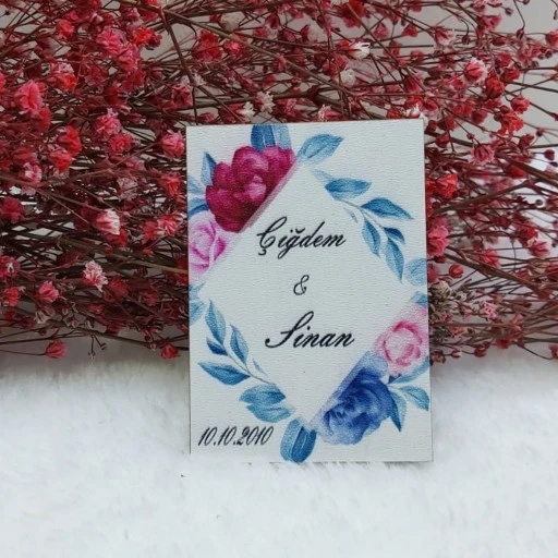 Mavi Çiçekli Ahşap Nikah Magnet Nikah Şekeri Uv Baskı Nişan Hediyeliği Ekonomik
