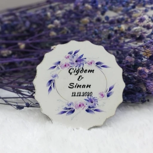 Mor Çiçek Desenli Ahşap Nikah Şekeri Uv Baskı Nişan Hediyeliği Ekonomik