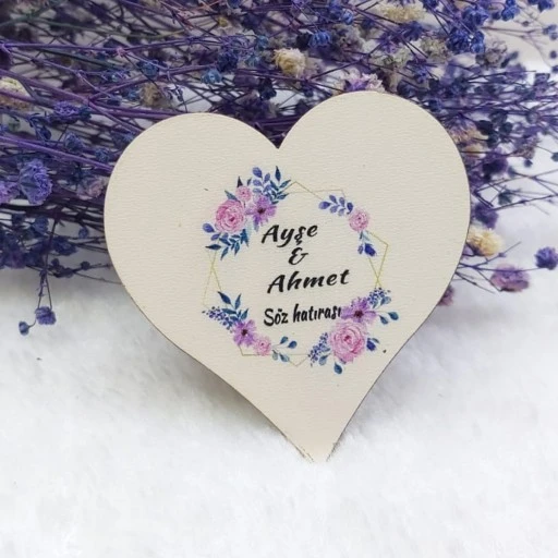 Prizma Çiçekli Kalp Ahşap Nikah Magnet Uv Baskı Nişan Hediyeliği Ekonomik