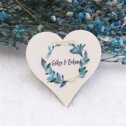 Prizma Yeşil Çiçekli Kalp Ahşap Nikah Magnet Uv Baskı Nişan Hediyeliği Ekonomik
