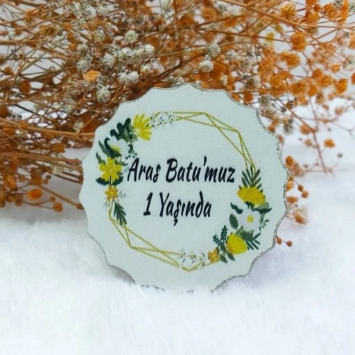 Sarı Çiçek Baskılı Çiçek Desenli Ahşap Nikah Şekeri Uv Baskı Nişan Hediyeliği Ekonomik