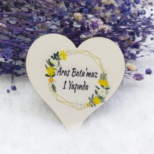 Sarı Çiçekli Kalp Ahşap Nikah Magnet Uv Baskı Nişan Hediyeliği Ekonomik