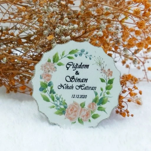 Yeşil Pembe Çiçek Baskılı Çiçek Desenli Ahşap Nikah Magnet