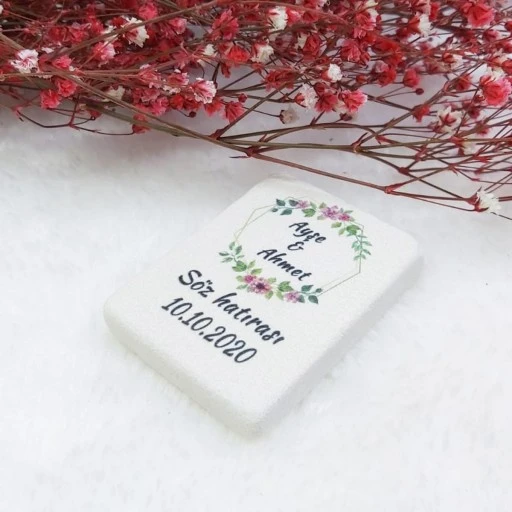 Taş Magnet 6x4 Nikah Şekeri Nişan Hediyeliği Yeşil Pembe Çiçekli