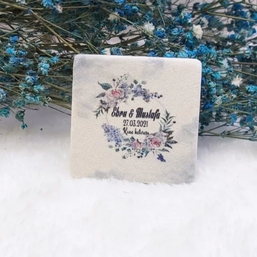 Taş Magnet Nikah Şekeri Nişan Hediyeliği Desen Çiçekli 4,5x4,5 Kare