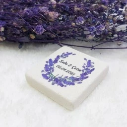 Taş Magnet Nikah Şekeri Nişan Hediyeliği Lavanta Çiçekli 4,5x4,5 kare