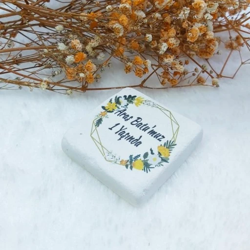 Taş Magnet Nikah Şekeri Nişan Hediyeliği Sarı Çiçekli 4,5x4,5