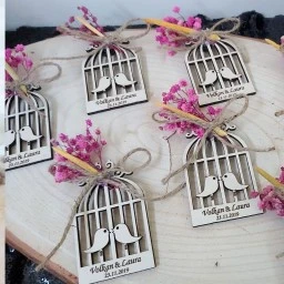 Kuru Çiçekli Kuşlu Ahşap Magnet Nikah Şekeri, Düğün Şekeri