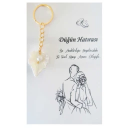 Hazır Nikah Şekeri  ANAHTARLIK KARTLI YAPRAK İNCİLİ SEDEFLİ